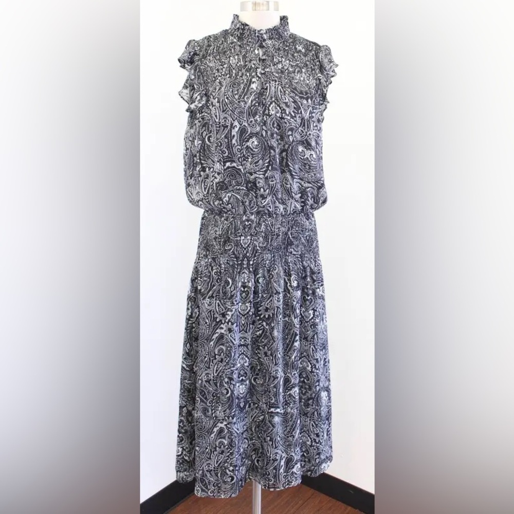 White House Black Market Black & White Paisley Smocked Waist Midi Dress -worn 1x